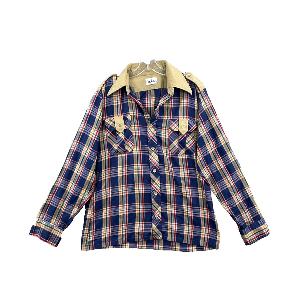 Vintage H.I.S. Dress Shirt L 16-16.5 Plaid‎ Pearl Snap Cowboy Disco Western USA